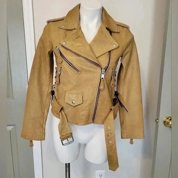 ALLSAINTS (RARE) Sarana Lace Up Moto Zip BuckleBrown Biker Leather Jacket(4) - Picture 2 of 14